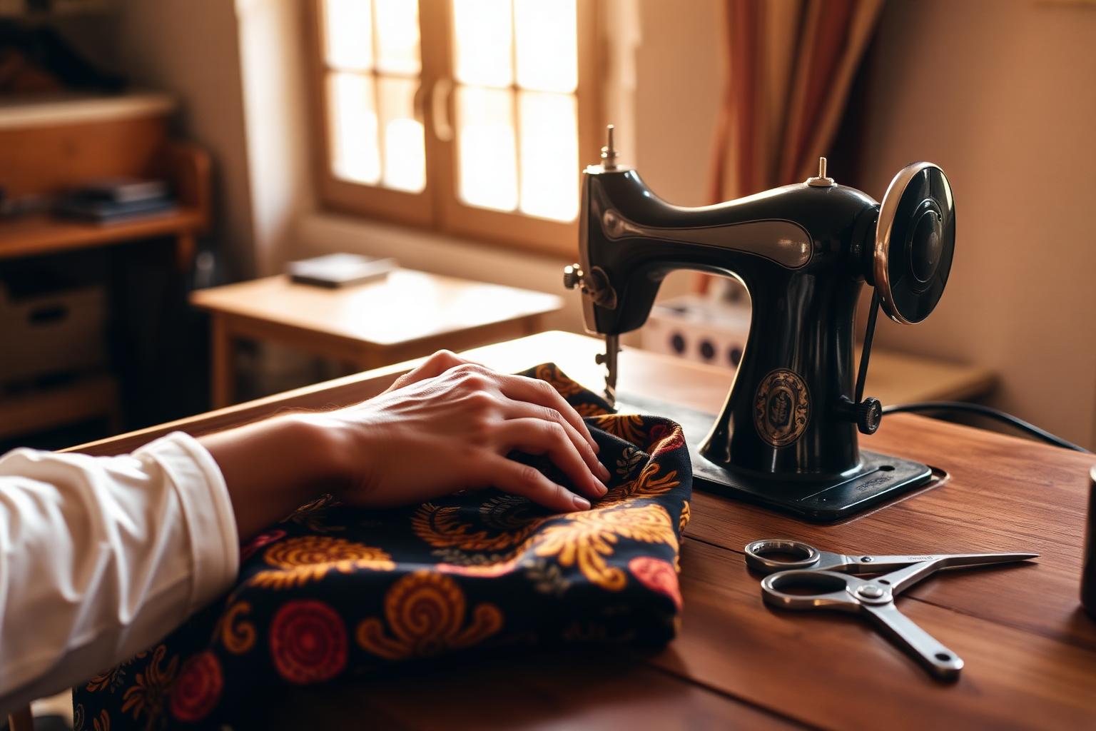 Hands at a sewing machine with African print fabric